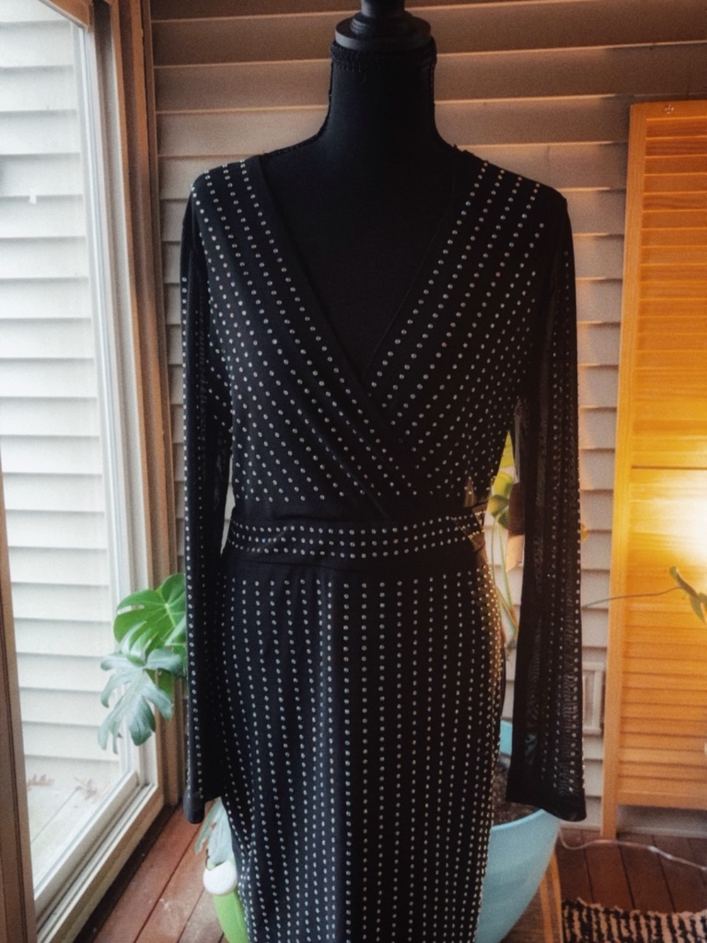 Black Studded V-Neck Long Sleeve Dress